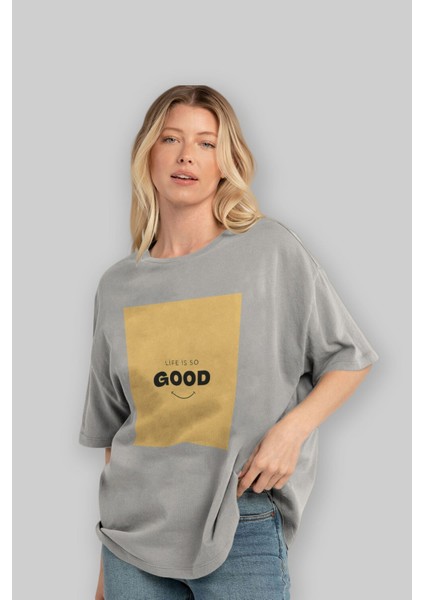 Life Is So Good Ön Baskılı Gri Oversize T-Shirt Unisex Erkek Kadın Bisiklet Yaka fırsatları