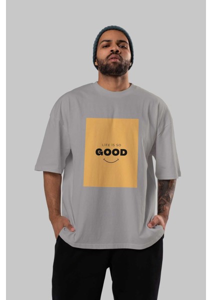 Life Is So Good Ön Baskılı Gri Oversize T-Shirt Unisex Erkek Kadın Bisiklet Yaka indirimleri