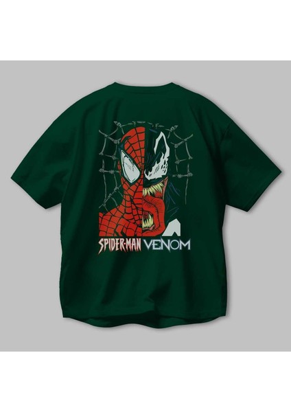 Spiderman Venom Arka Baskılı Zümrüt Yeşili Oversize T-Shirt Bisiklet Yaka Erkek Kadın modelleri