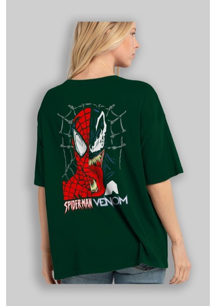 Spiderman Venom Arka Baskılı Zümrüt Yeşili Oversize T-Shirt Bisiklet Yaka Erkek Kadın fırsatları
