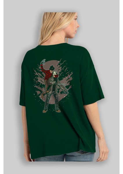 Freddy Vs Jason Arka Baskılı Zümrüt Yeşili Oversize T-Shirt Unisex Erkek Kadın Bisiklet Yaka fırsatları