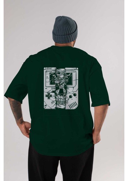 Gameboy Skull Arka Baskılı Zümrüt Yeşili Oversize T-Shirt Unisex Erkek Kadın Bisiklet Yaka