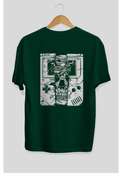 Gameboy Skull Arka Baskılı Zümrüt Yeşili Oversize T-Shirt Unisex Erkek Kadın Bisiklet Yaka fiyatları