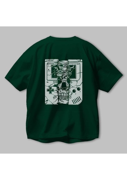 Gameboy Skull Arka Baskılı Zümrüt Yeşili Oversize T-Shirt Unisex Erkek Kadın Bisiklet Yaka modelleri