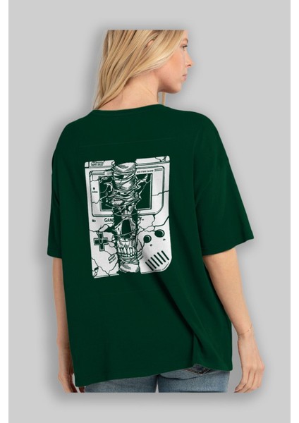 Gameboy Skull Arka Baskılı Zümrüt Yeşili Oversize T-Shirt Unisex Erkek Kadın Bisiklet Yaka fırsatları
