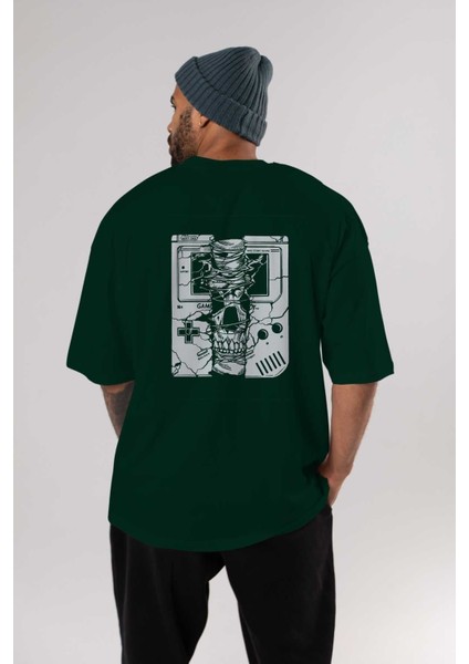 Gameboy Skull Arka Baskılı Zümrüt Yeşili Oversize T-Shirt Unisex Erkek Kadın Bisiklet Yaka indirimleri