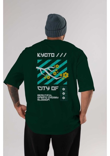 Kyoto City Blossom Arka Baskılı Zümrüt Yeşili Oversize T-Shirt Unisex Erkek Kadın Bisiklet Yaka