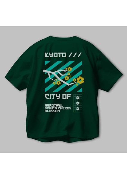 Kyoto City Blossom Arka Baskılı Zümrüt Yeşili Oversize T-Shirt Unisex Erkek Kadın Bisiklet Yaka modelleri