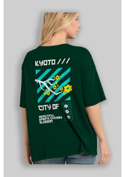 Kyoto City Blossom Arka Baskılı Zümrüt Yeşili Oversize T-Shirt Unisex Erkek Kadın Bisiklet Yaka fırsatları