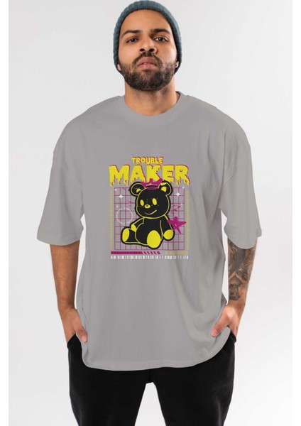 Teddy Bear Trouble Maker Ön Baskılı Gri Oversize T-Shirt Unisex Erkek Kadın Bisiklet Yaka