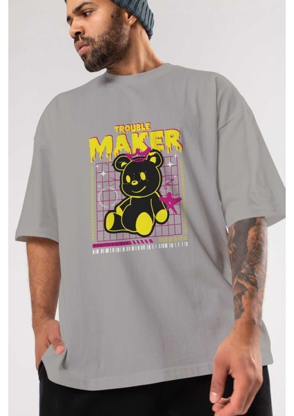 Teddy Bear Trouble Maker Ön Baskılı Gri Oversize T-Shirt Unisex Erkek Kadın Bisiklet Yaka modelleri