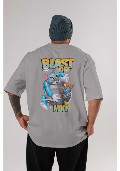 Tom ve Jerry Arka Baskılı Gri Oversize T-Shirt Bisiklet Yaka Pamuk Erkek Kadın