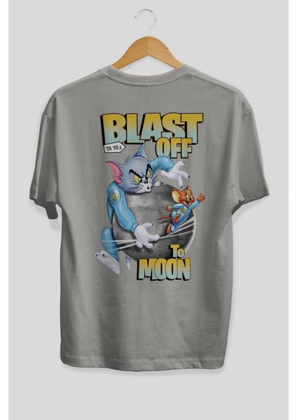 Tom ve Jerry Arka Baskılı Gri Oversize T-Shirt Bisiklet Yaka Pamuk Erkek Kadın fiyatları