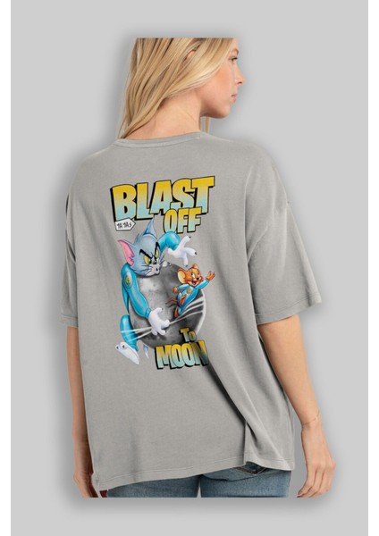 Tom ve Jerry Arka Baskılı Gri Oversize T-Shirt Bisiklet Yaka Pamuk Erkek Kadın modelleri