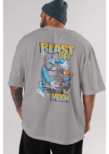 Tom ve Jerry Arka Baskılı Gri Oversize T-Shirt Bisiklet Yaka Pamuk Erkek Kadın indirimleri