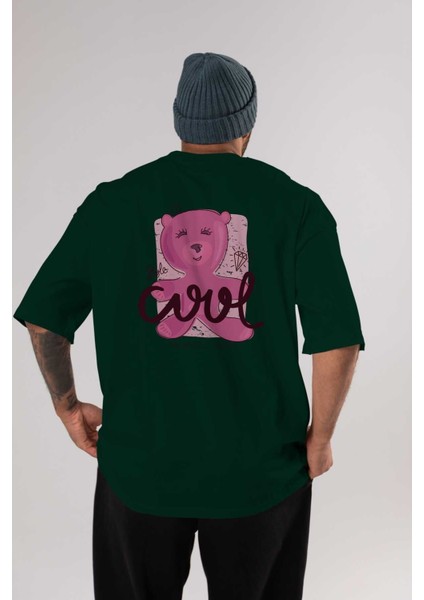 Cool Style Bear Arka Baskılı Zümrüt Yeşili Oversize T-Shirt Unisex Erkek Kadın Bisiklet Yaka