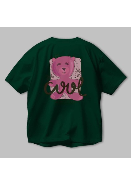 Cool Style Bear Arka Baskılı Zümrüt Yeşili Oversize T-Shirt Unisex Erkek Kadın Bisiklet Yaka modelleri