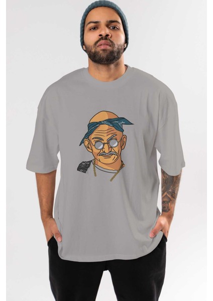 Tupac Gandhi Ön Baskılı Gri Oversize T-Shirt Unisex Erkek Kadın Bisiklet Yaka