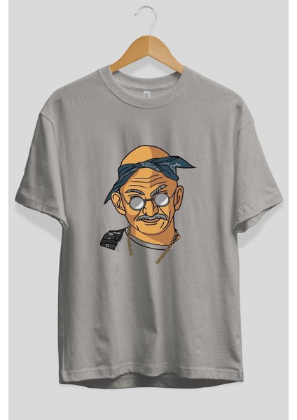 Tupac Gandhi Ön Baskılı Gri Oversize T-Shirt Unisex Erkek Kadın Bisiklet Yaka fiyatları