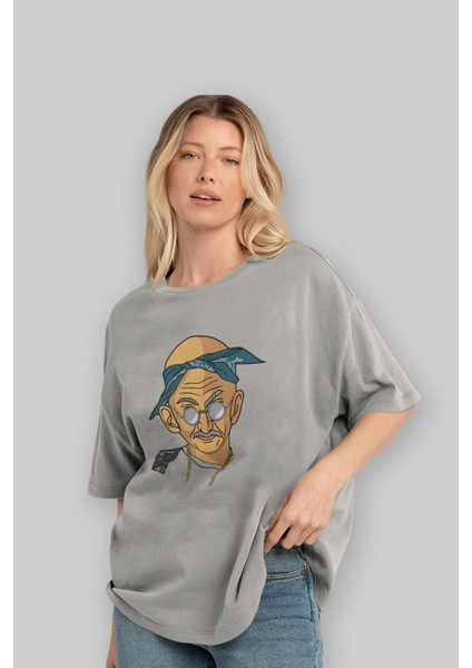 Tupac Gandhi Ön Baskılı Gri Oversize T-Shirt Unisex Erkek Kadın Bisiklet Yaka fırsatları