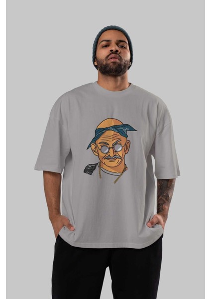 Tupac Gandhi Ön Baskılı Gri Oversize T-Shirt Unisex Erkek Kadın Bisiklet Yaka indirimleri