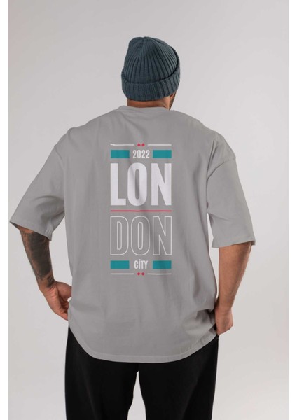 London City Yazılı Arka Baskılı Gri Oversize T-Shirt Unisex Erkek Kadın Bisiklet Yaka