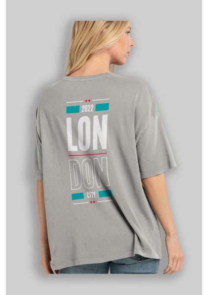 London City Yazılı Arka Baskılı Gri Oversize T-Shirt Unisex Erkek Kadın Bisiklet Yaka modelleri