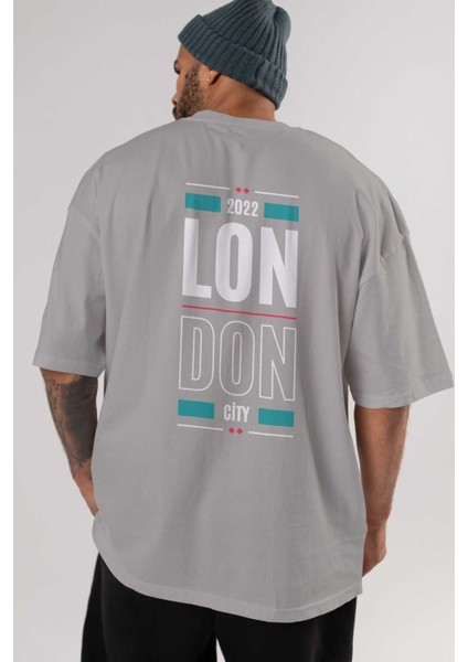 London City Yazılı Arka Baskılı Gri Oversize T-Shirt Unisex Erkek Kadın Bisiklet Yaka indirimleri