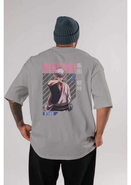 Gintoki Sakata Anime Arka Baskılı Gri Oversize T-Shirt %100 Pamuk Erkek Kadın