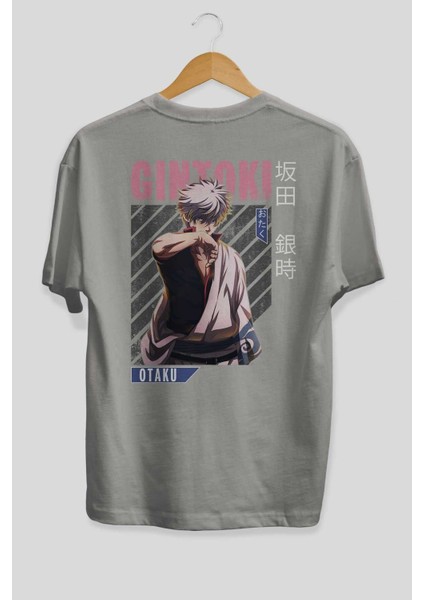 Gintoki Sakata Anime Arka Baskılı Gri Oversize T-Shirt %100 Pamuk Erkek Kadın fiyatları