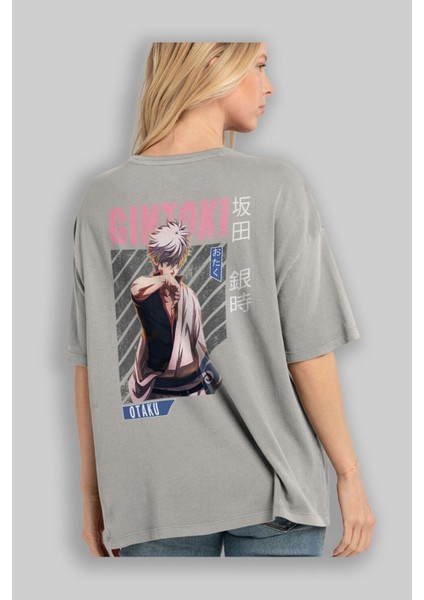 Gintoki Sakata Anime Arka Baskılı Gri Oversize T-Shirt %100 Pamuk Erkek Kadın modelleri
