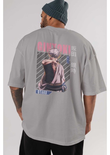 Gintoki Sakata Anime Arka Baskılı Gri Oversize T-Shirt %100 Pamuk Erkek Kadın indirimleri