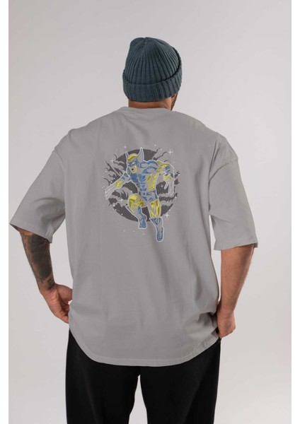 Wolverine Arka Baskılı Gri Oversize T-Shirt Unisex Erkek Kadın Bisiklet Yaka