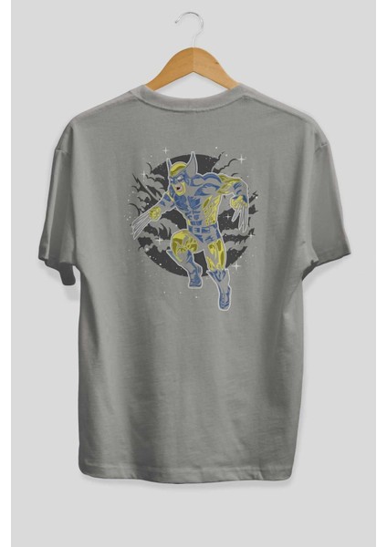 Wolverine Arka Baskılı Gri Oversize T-Shirt Unisex Erkek Kadın Bisiklet Yaka