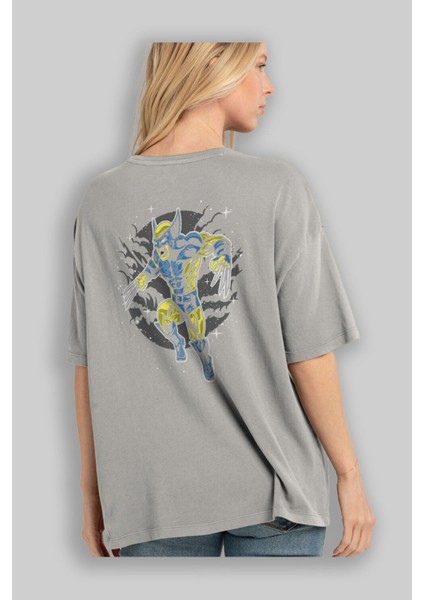 Wolverine Arka Baskılı Gri Oversize T-Shirt Unisex Erkek Kadın Bisiklet Yaka