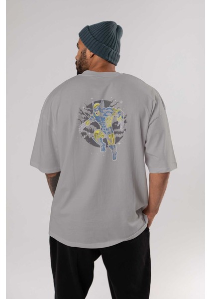 Wolverine Arka Baskılı Gri Oversize T-Shirt Unisex Erkek Kadın Bisiklet Yaka
