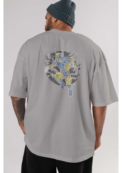 Wolverine Arka Baskılı Gri Oversize T-Shirt Unisex Erkek Kadın Bisiklet Yaka