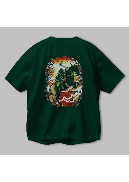 Headless Horseman Arka Baskılı Zümrüt Yeşili Oversize T-Shirt Unisex Erkek Kadın Bisiklet Yaka modelleri