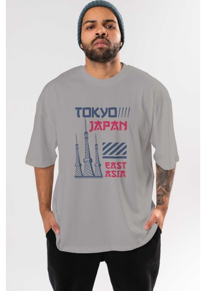 Tokyo 4 Ön Baskılı Gri Oversize T-Shirt Unisex Erkek Kadın Bisiklet Yaka