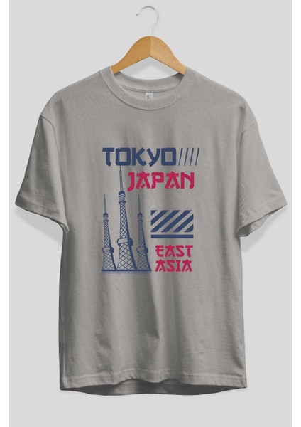Tokyo 4 Ön Baskılı Gri Oversize T-Shirt Unisex Erkek Kadın Bisiklet Yaka fiyatları