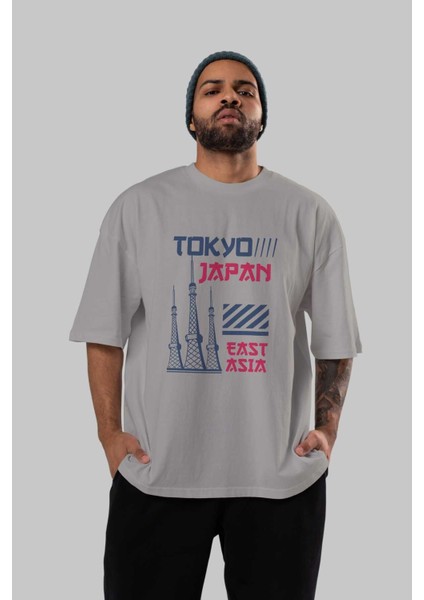 Tokyo 4 Ön Baskılı Gri Oversize T-Shirt Unisex Erkek Kadın Bisiklet Yaka indirimleri