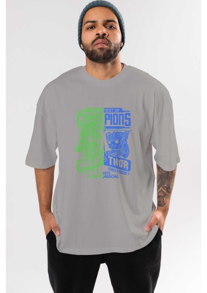 Hulk (13) Ön Baskılı Gri Oversize T-Shirt Bisiklet Yaka Pamuk Erkek Kadın