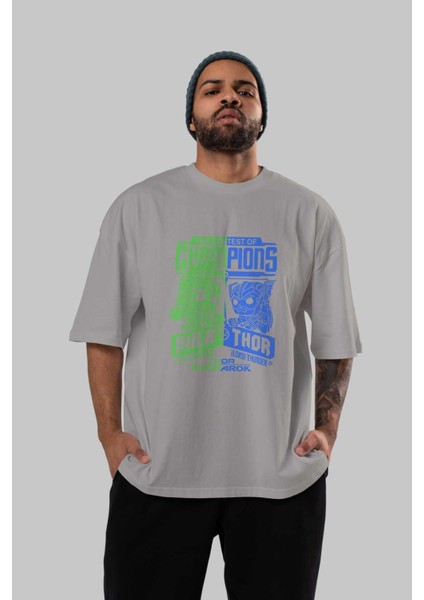 Hulk (13) Ön Baskılı Gri Oversize T-Shirt Bisiklet Yaka Pamuk Erkek Kadın indirimleri