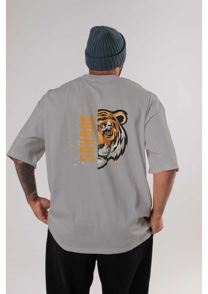 Savage Brooklyn Yazılı Arka Baskılı Gri Oversize T-Shirt Unisex Erkek Kadın Bisiklet Yaka