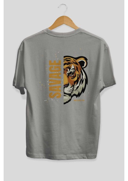 Savage Brooklyn Yazılı Arka Baskılı Gri Oversize T-Shirt Unisex Erkek Kadın Bisiklet Yaka fiyatları