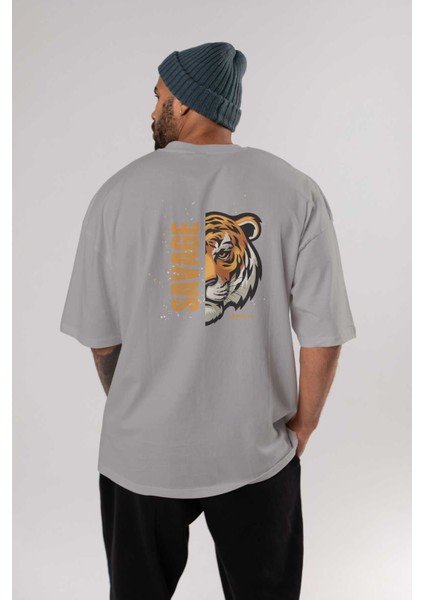 Savage Brooklyn Yazılı Arka Baskılı Gri Oversize T-Shirt Unisex Erkek Kadın Bisiklet Yaka fırsatları