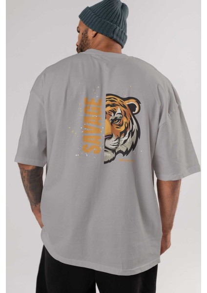 Savage Brooklyn Yazılı Arka Baskılı Gri Oversize T-Shirt Unisex Erkek Kadın Bisiklet Yaka indirimleri