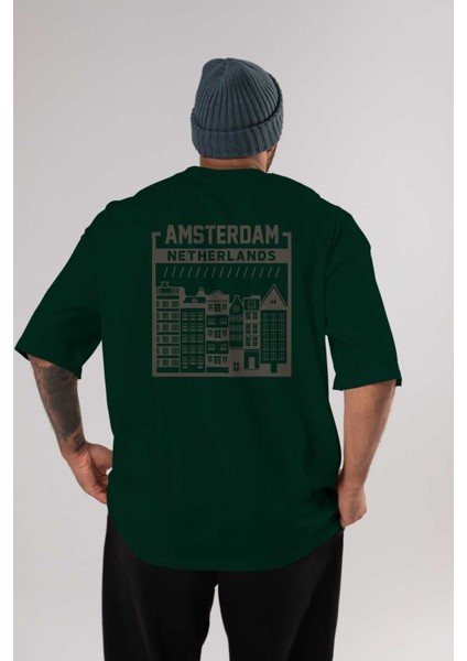 Amsterdam Arka Baskılı Zümrüt Yeşili Oversize T-Shirt Unisex Erkek Kadın Bisiklet Yaka