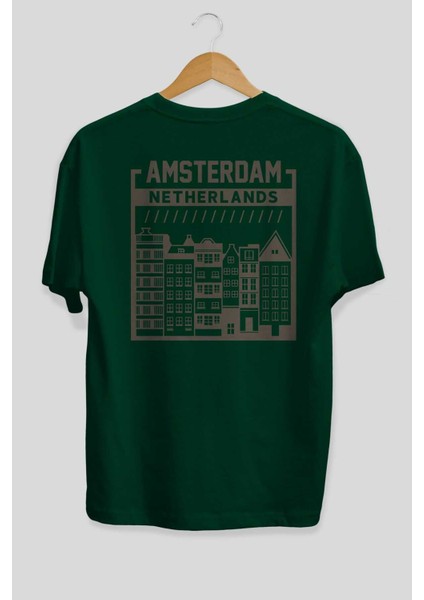 Amsterdam Arka Baskılı Zümrüt Yeşili Oversize T-Shirt Unisex Erkek Kadın Bisiklet Yaka fiyatları