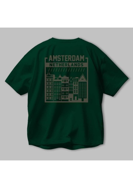 Amsterdam Arka Baskılı Zümrüt Yeşili Oversize T-Shirt Unisex Erkek Kadın Bisiklet Yaka modelleri